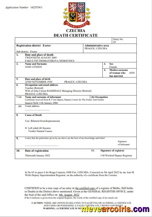 Czechia death certificate